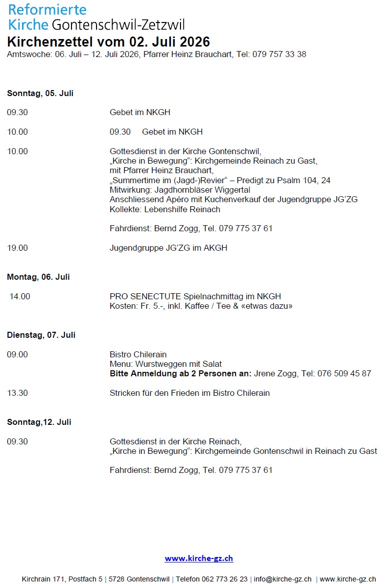 Kirchenzettel vom 02. Juli 2026