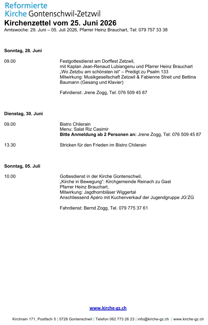Kirchenzettel vom  25. Juni 2026