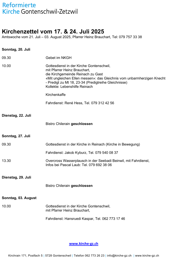 Kirchenzettel vom 17. & 24. Juli 2025