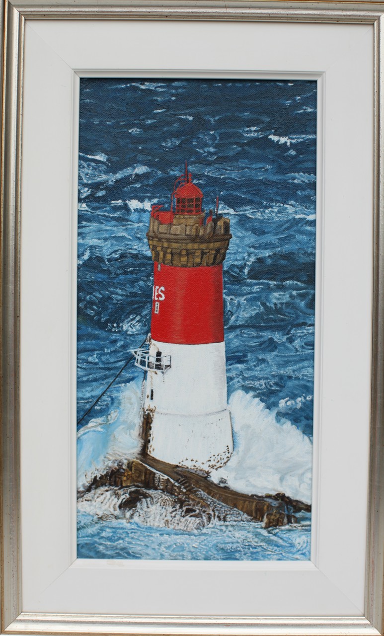 Quadro Olio su Tela | Faro Rosso | Dimensioni: 19x38.5 cm - 32x52 cm (con cornice)