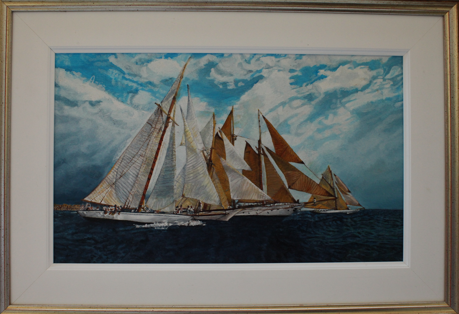 Quadro Olio su Tela | Quattro Imbarcazioni in Competizione | Dimensioni: 38.5x23 cm - 52.5x36.5 cm (con cornice)
