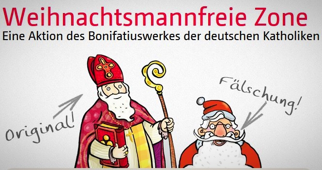 Der Nikolaus steht neben dem Weihnachtsmann. Neben dem Nikolaus ist in grauen Lettern geschrieben: "Original!" und neben dem Weihnachtsmann steht "Fälschung!"
