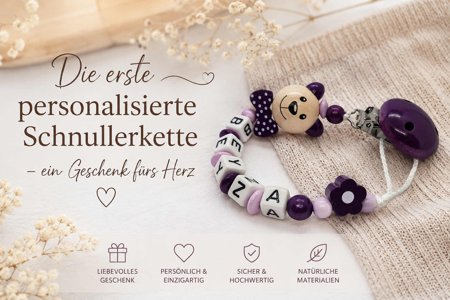 Die erste personalisierte Schnullerkette – ein Geschenk fürs Herz