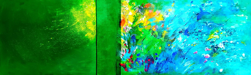 "Zeitsprung" in einem August, Leinwand 2-teilig, 60x120, Zeitschichtung, 2006-2023.