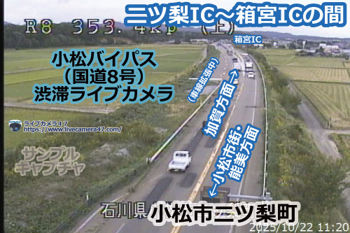 小松バイパスの渋滞ライブカメラ「二ツ梨IC～箱宮ICの間」の平常時のサンプル画像