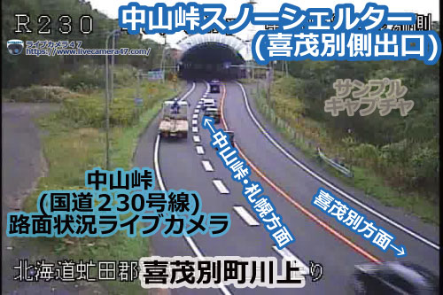 中山峠の路面状況ライブカメラ「中山峠スノーシェルター(喜茂別側出口)」の平常時のサンプル画像