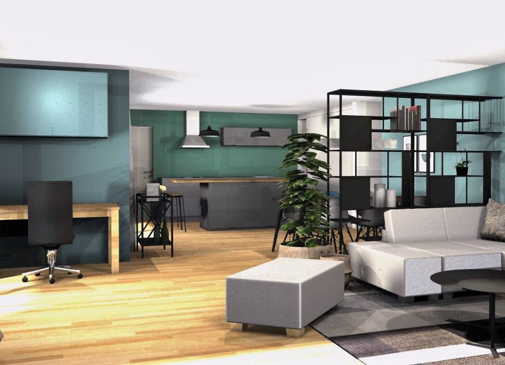 offener Wohnraum und Küche visualisiert