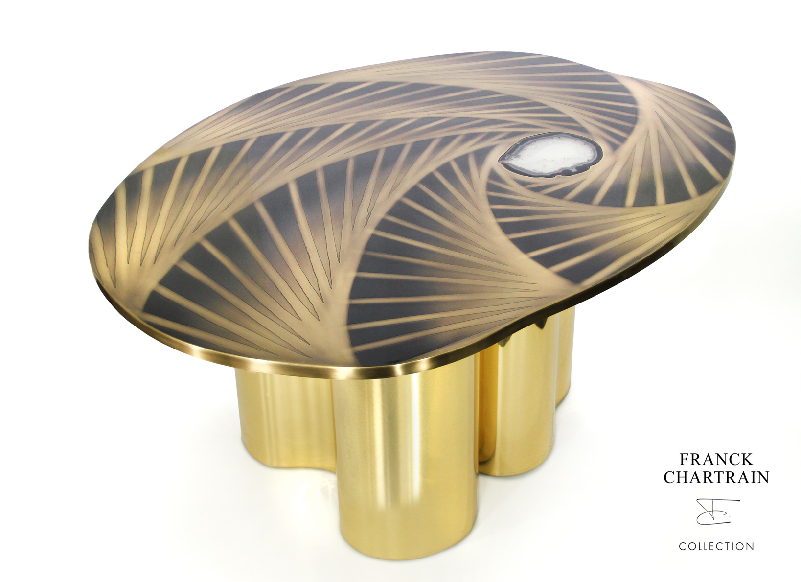 TOURBILLON COFFEE TABLE Bronze top, agate and draped base