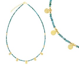 Schäne Apatithalskette mit Pyriten und silber-vergoldeten Blättchen, längenverstellbar