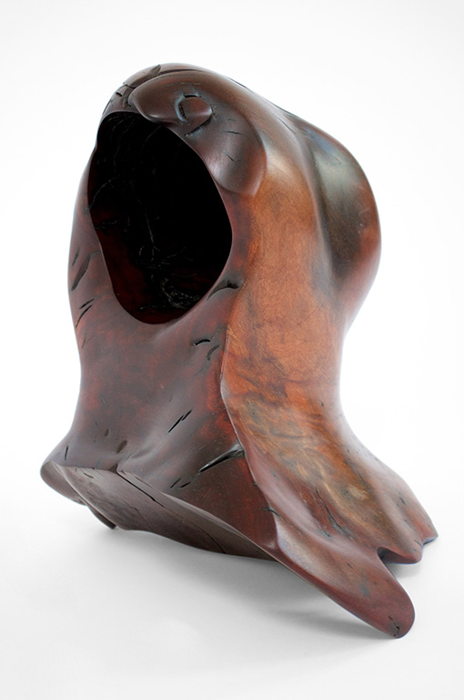 Abstract fine art wood sculpture featuring a smooth, dark reddish-brown polished finish with a large natural hollow opening, organic contours, and fine texture cracks on a clean white background.