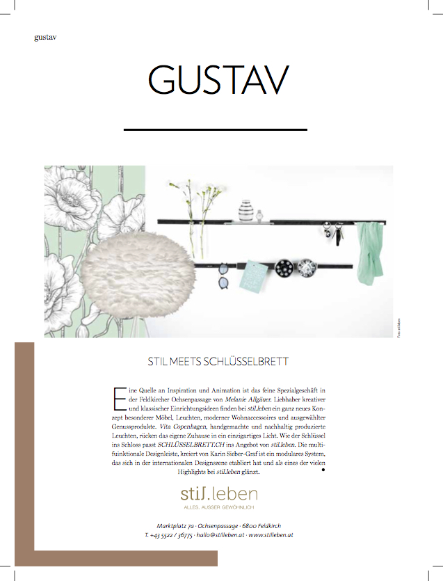 Gustav, die Vorarlbergerin, Medienbericht schlüsselbrett, Alu Designleiste, Design Award, genial einfach, multifunktional, Ordnungswunder, Designfilz, Garderobe, Küche, Bad 