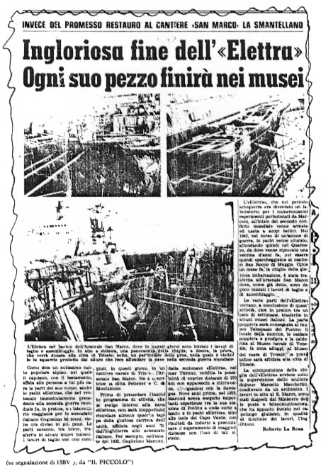 L'articolo del quotidiano "il Piccolo" di Trieste che annuncia l'ingloriosa fine della nave Elettra