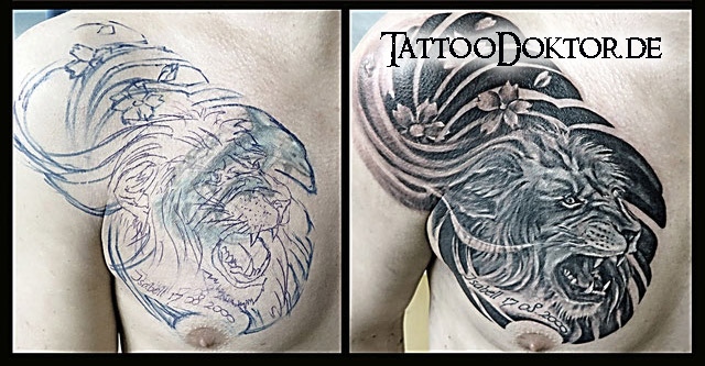 CoverUp  Tattoo Rostock, Abdeckung zweier Delfine - Löwe im asiatischen Stil ca 7h