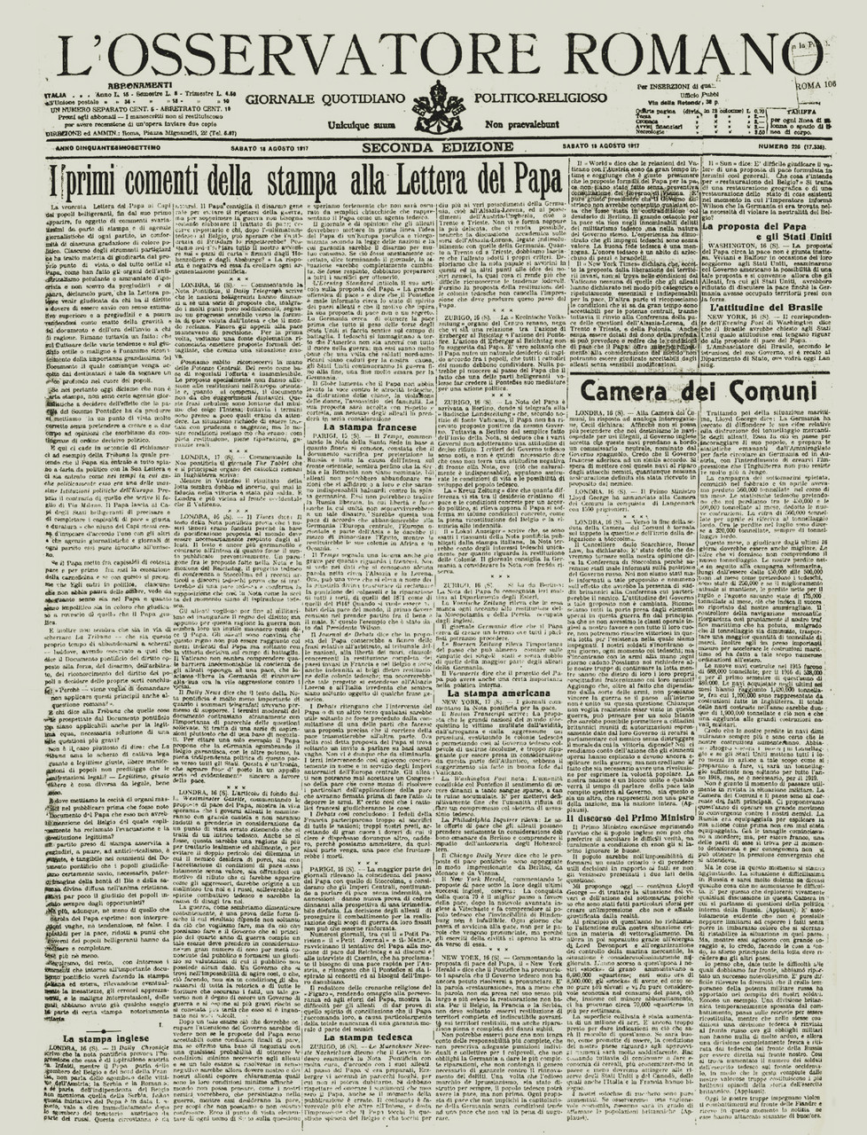 L'Osservatore Romano del 18 agosto 1917, che riporta le reazioni internazionali a una delle tante inascoltate proposte di pace avanzate dal Pontefice