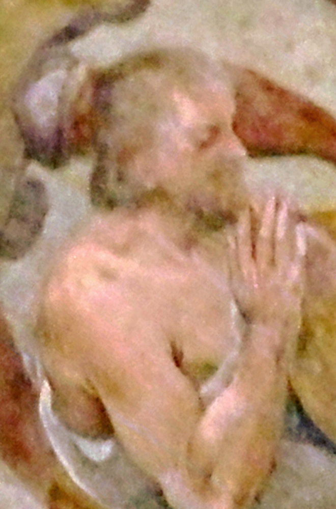 Notevole la somiglianza dei lineamenti del Santo, con quelli del simulacro ligneo di S. Primiano, venerato a Larino, scolpito oltre un secolo dopo; traccia certa di una consolidata tradizione iconografica, vecchia di secoli [foto Peppe Guida]