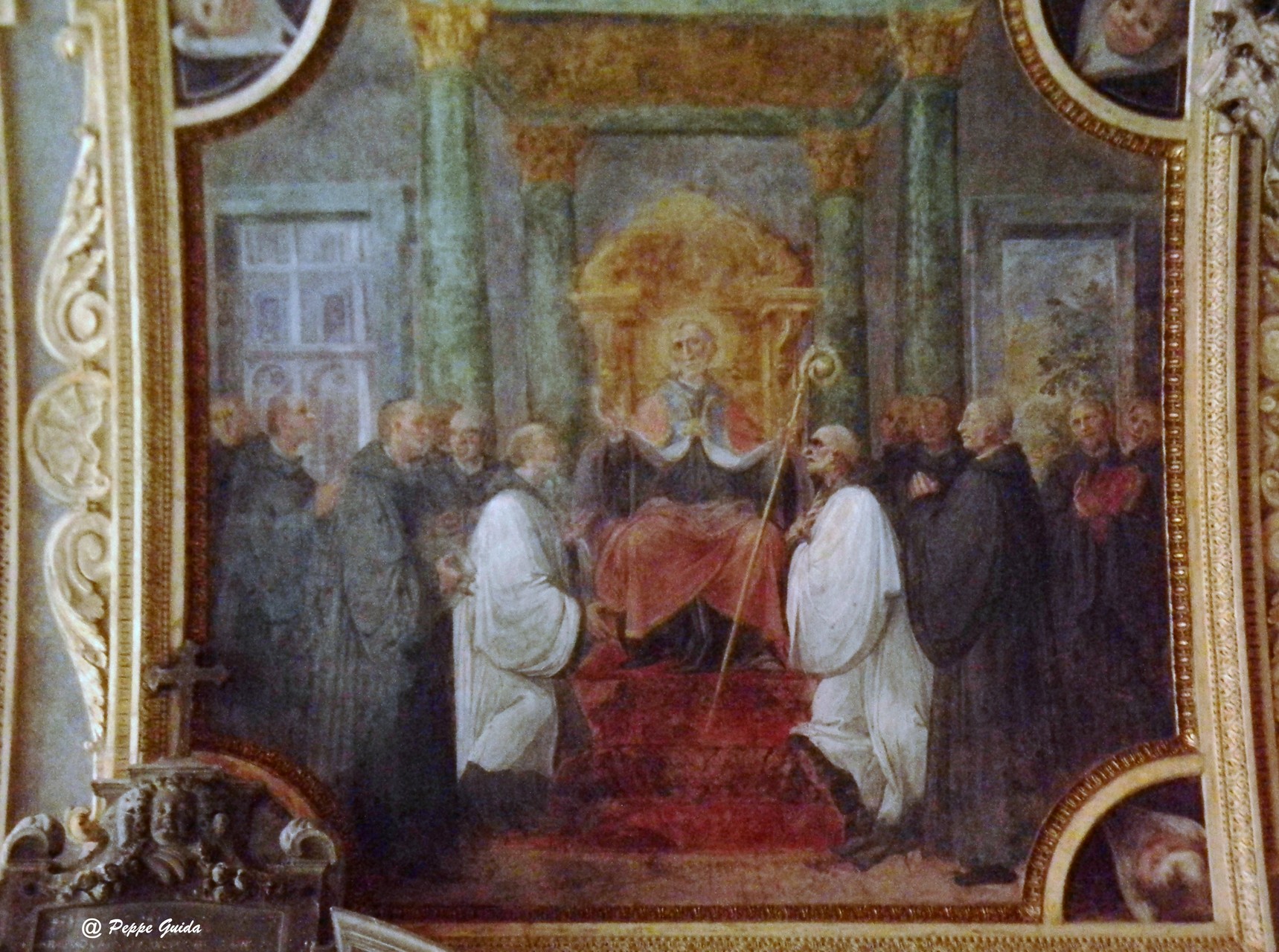 B. CORENZIO-A. NUCCI-V. DE PINO, S. Pascasio in sedia abadiale, circondato dai suoi frati (1597-1599), affresco [foto Peppe Guida]