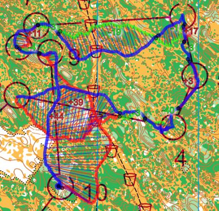 Comparison with the later winner Jesper Svenks - great loss of time due to route choices to control 4 and control 10