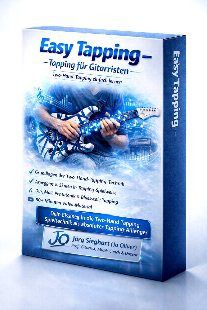 3D-Kursverpackung mit E-Gitarre-Abbildung zum Kurs "Easy Tapping", Hinweisen zum Kurs (Two Hand Tapping einfach lernen) und weiteren Kursinhalten wie: Arpeggios und Skalen, Dur, Moll, Pentatonik und Bluesscale tappen...