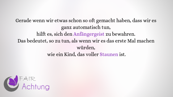 Da steht: "Gerade wenn wir etwas schon so oft gemacht haben, dass wir es ganz automatisch tun, hilft es, sich den Anfängergeist zu bewahren. Das bedeutet, so zu tun, als wenn wir es das erste Mal machen würden, wie ein Kind, das voller Staunen ist."