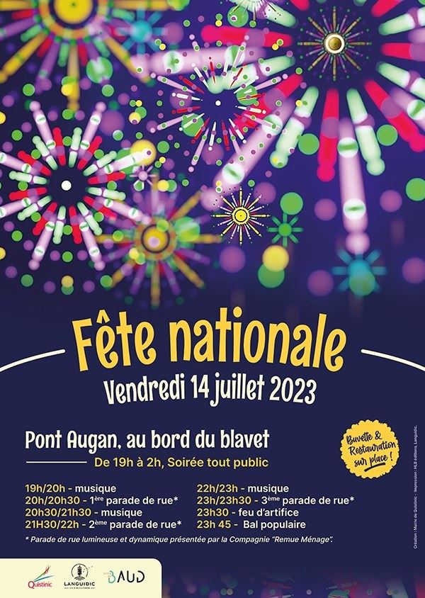 fete-nationale-du-14-juillet-a-pont-augan-quistinic 14 Juillet 2023 Feu d'artifice feux d'artifices Pont-Augan Baud Languidic Quistinic BZH-JC-Troudet-Jean-Charles-Fête nationale Bretagne 