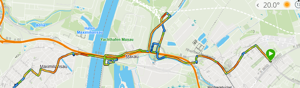 Die ersten Kilometer von Karlsruhe weg - als wir auf verschiedene Varianten versuchten, eine Baustelle zu durchqueren! Die bunten Linien ist die Route, welche wir gefahren sind....