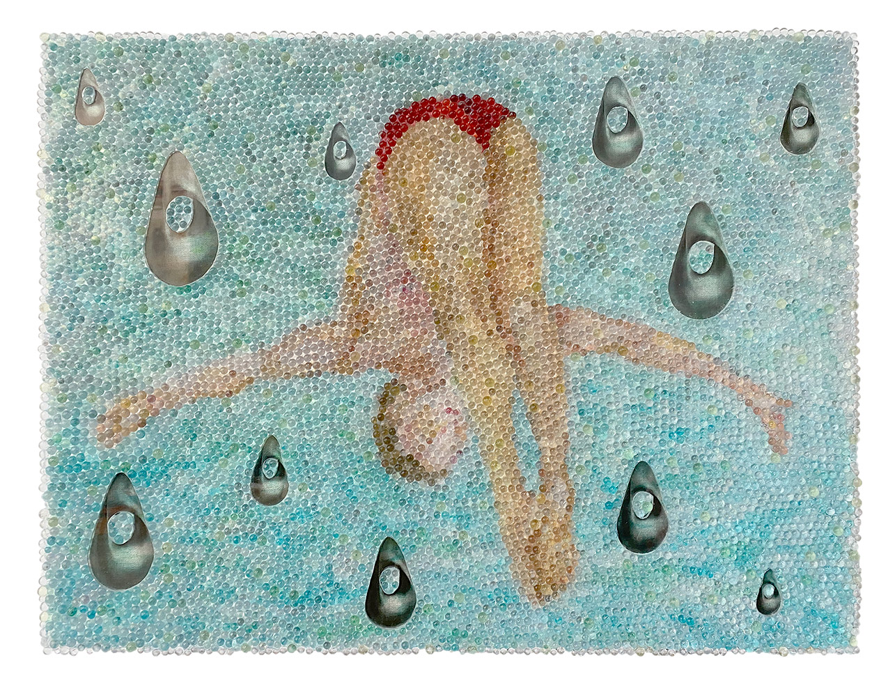 Spring den Anti-Oloiden, Glaskugeln, Plexiglas auf Öl, Leinwand und Holz, 2023, 60 x 80 cm (Privatsammlung Frankfurt)