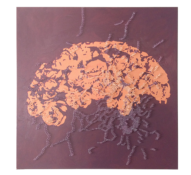 Vortagesrosen, 90 x 90 cm, Öl und Glaskugeln auf Leinwand, 2016