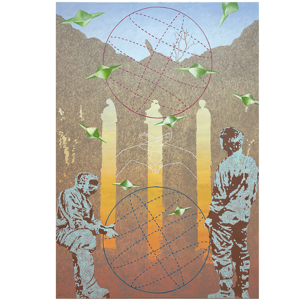 Morgenröte, verschränkte Hände, Arbeiter in Schutzanzügen, Motiv aus einem Bild von Caspar David Friedrich, Quantenphysik 