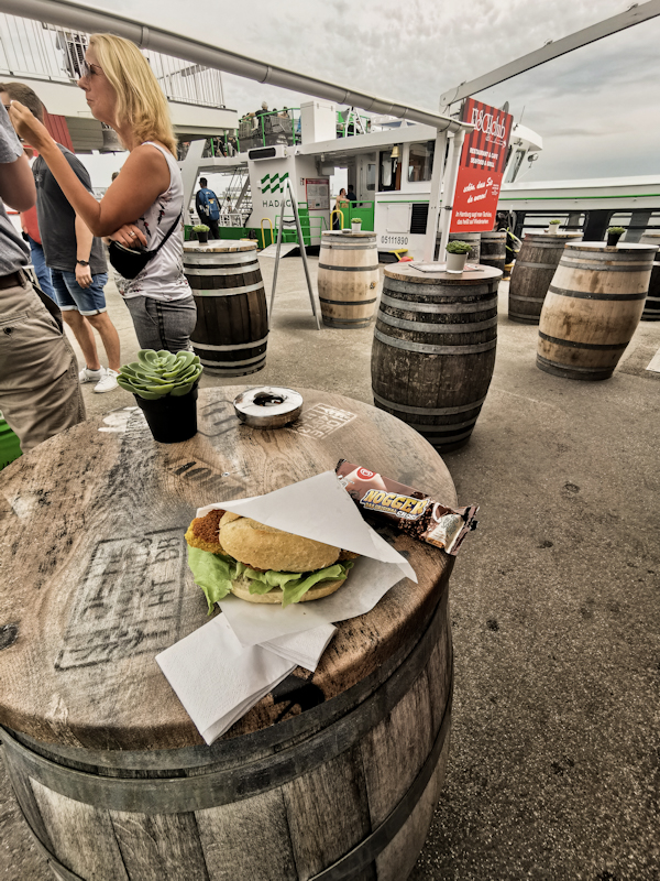 Fischbrötchen with the ferry waiting in the background 