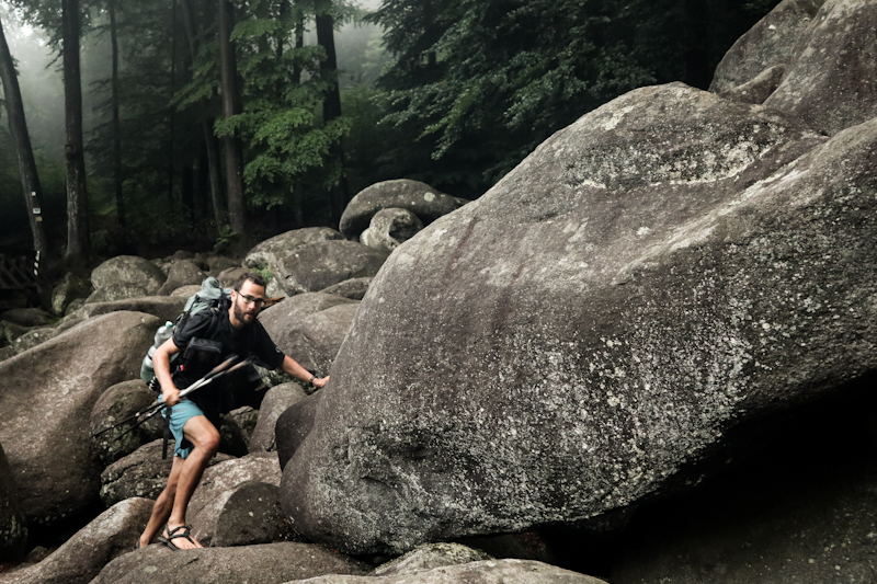 Bridge closed? No problem! Finding my way across the boulders.