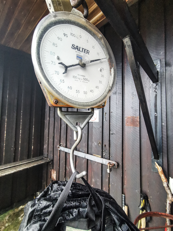 Too heavy. Still, a half full water bottle, a wet tent and food for another 5 days explain the weight.