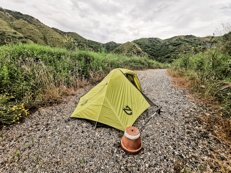 Improvising... Pot and hiking poles do the job. 