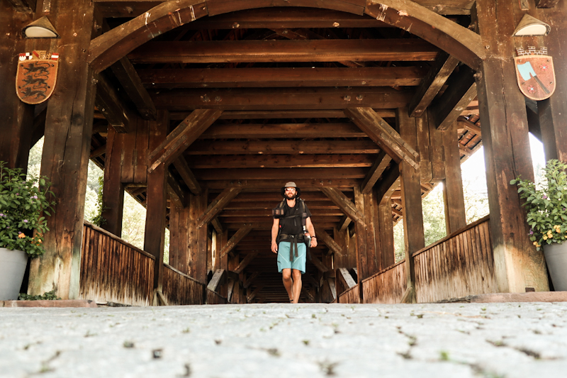 Crossing a wooden bridge into Forbach