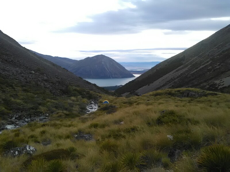 Looking back at Lake Ohau - note that tent ;)