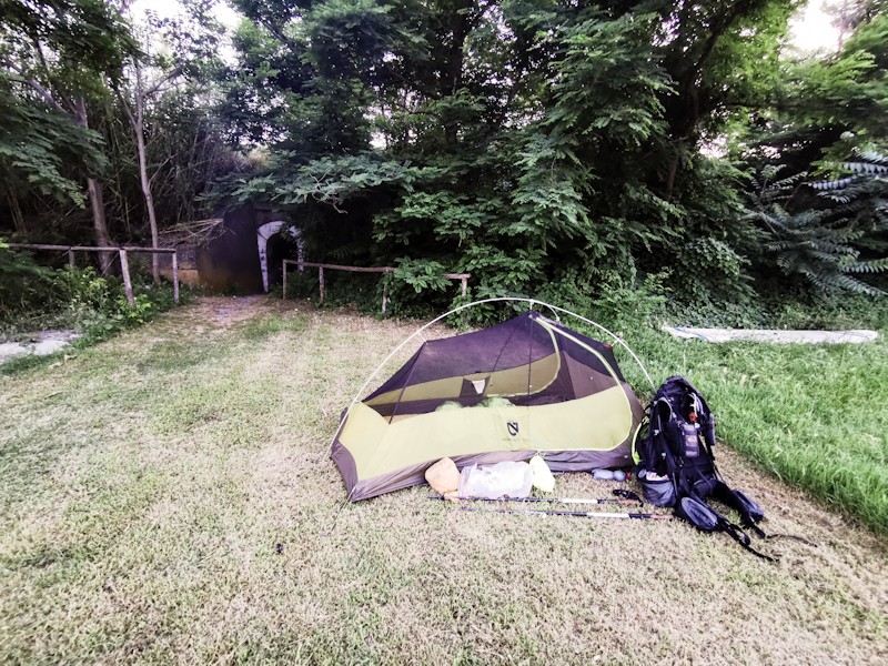 Campsite with the tunnel on the left