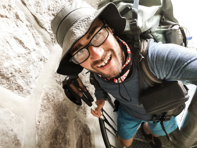 Me getting stuck on the way down. Should have left the pack downstairs