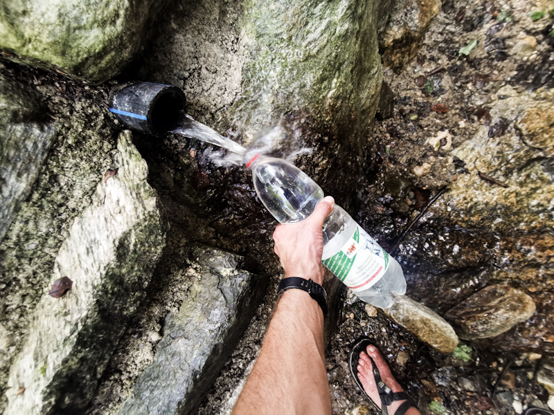 Water out of a rubber tube in the middle of the forest. Sketchy as but I survived even without filtering it. 