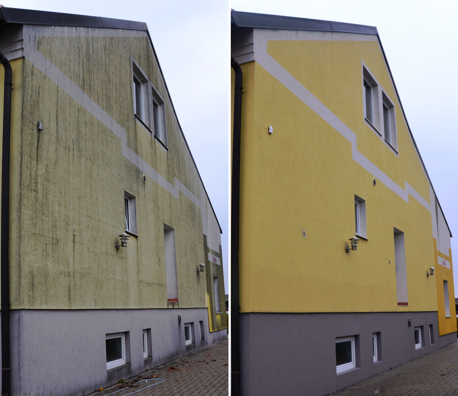 Vorher/Nachher Fassadenreinigung beim USC Wallern (im Burgenland)