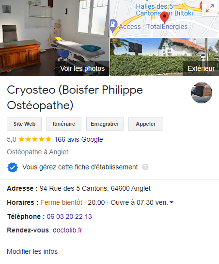 Avis Google Philippe BOISFER ostéopathe à Anglet