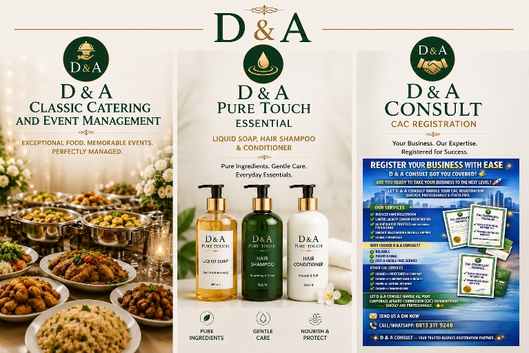 D & A brings excellence to your table, your personal care, and your business growth — from classic catering and premium essentials to fast CAC registration services. Your trusted brand for quality, professionalism, and unforgettable experiences.