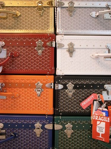 Multicolored trunk and suitcase Goyard canvas chevron trunk canvas