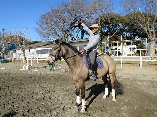 馬の上でコートを振り回す