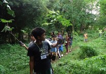 Marc Dewey and other Grade 6 students carrying Narra seedlings as they trek to the planting site