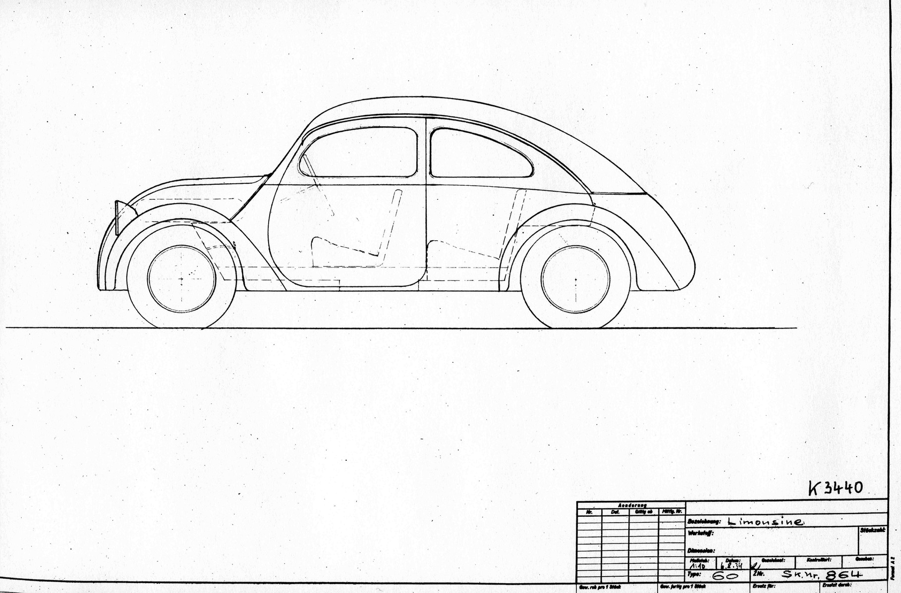 August 1934: Skizze Limousine Typ 60: Karosserie Studie von Erwin Komenda