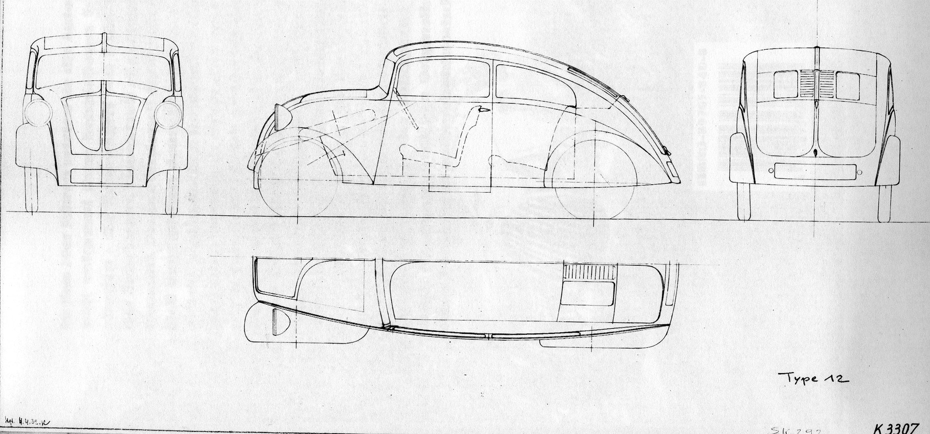 1932: Skizze zum Porsche Typ 12 von Erwin Komenda, signiert und datiert.