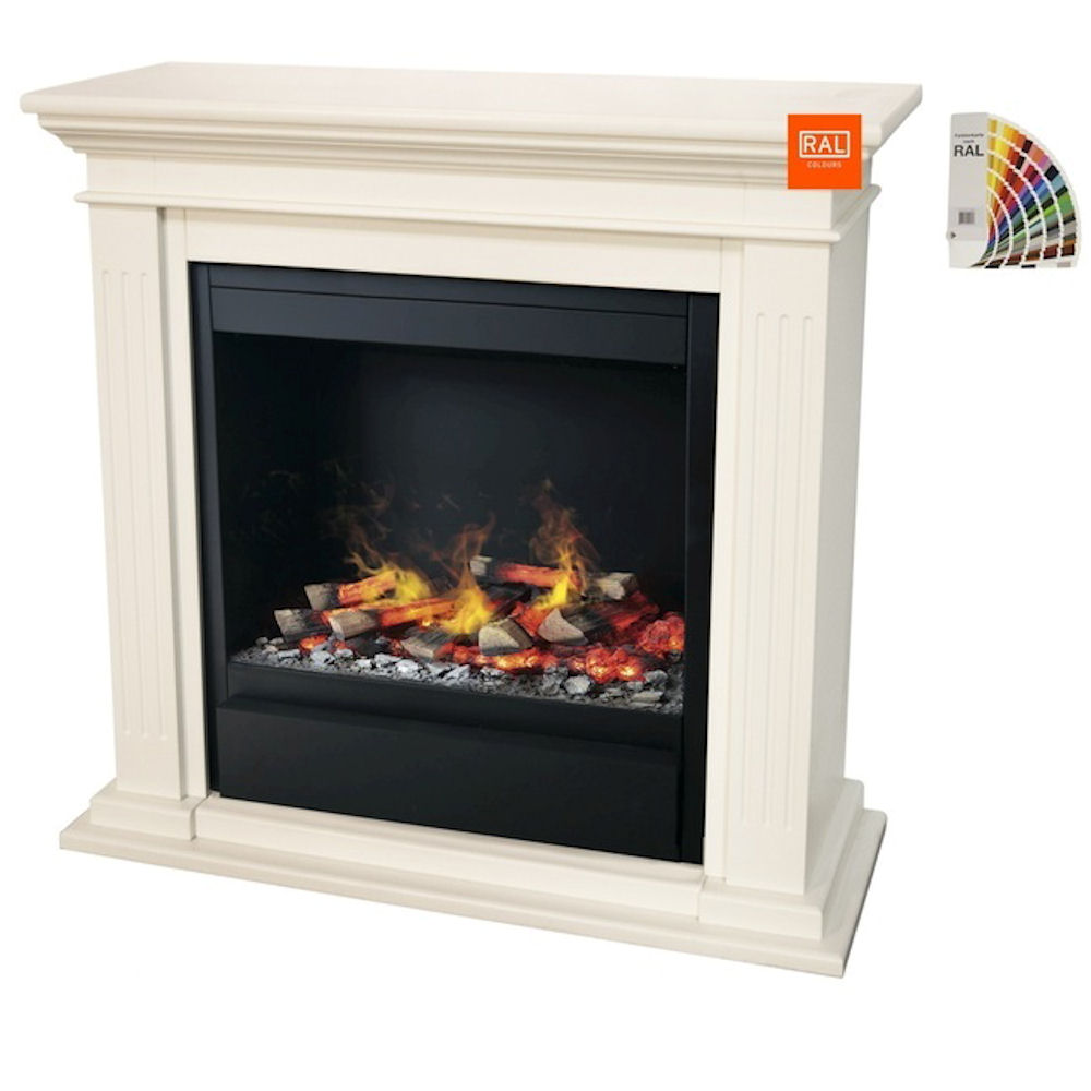 Kamin Cadiz MDF reinweiß RAL9010 mit Elektroeinsatz Albany und schwarzem Brennraum