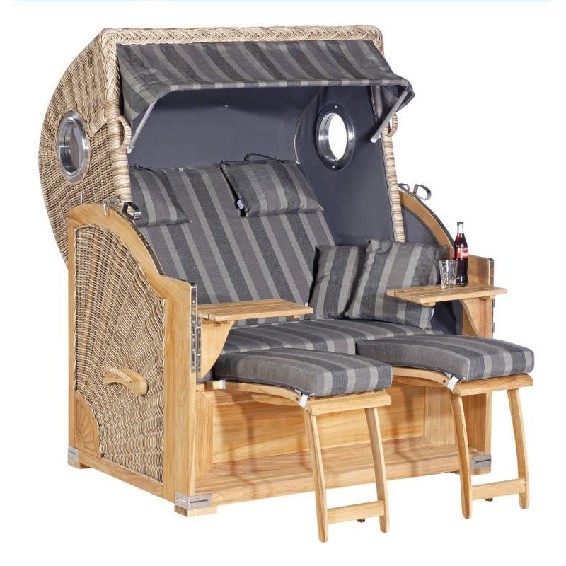 Strandkorb Rustikal 500 Plus Comfort TEAK antik-weiß Stoff 1232