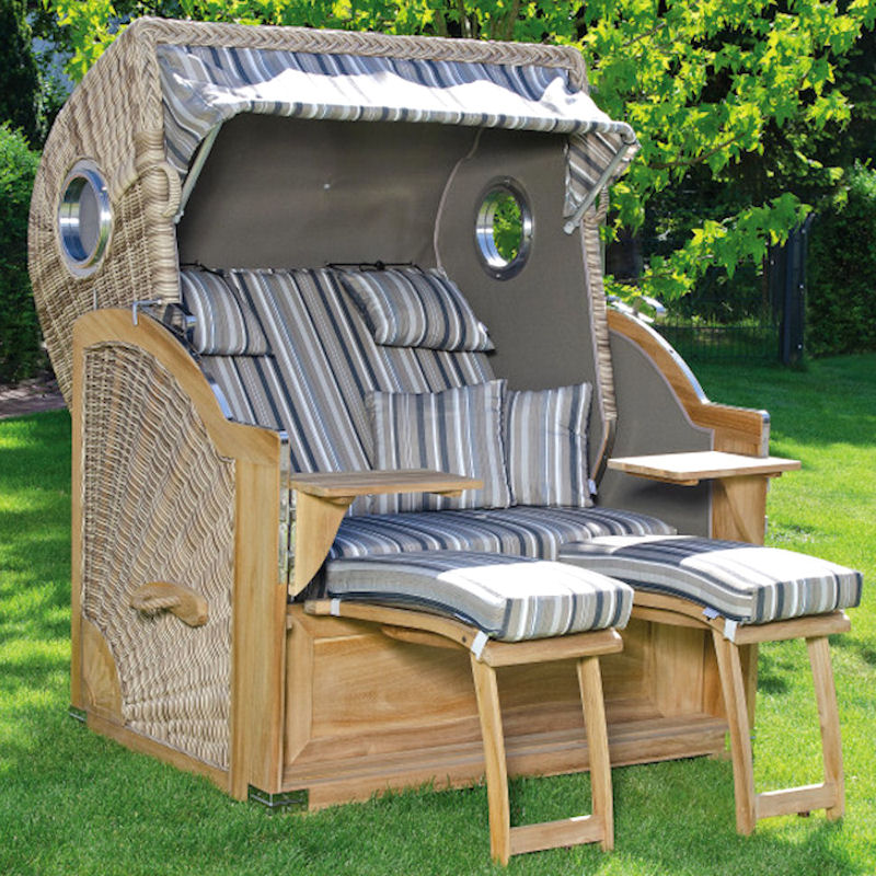 Strandkorb Rustikal 500 Plus Comfort TEAK antik-weiß Stoff 1233