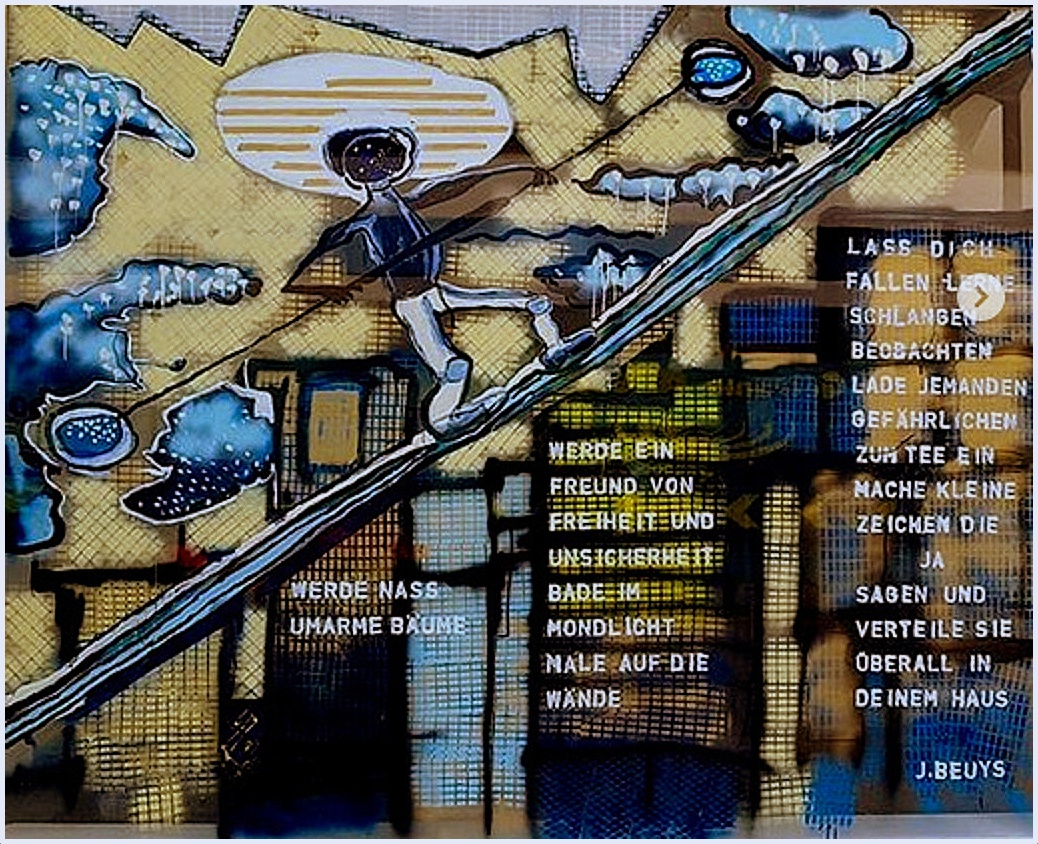 DAS SCHWIERIGE GLEICHGEWICHT BEIM AUFSTIEG 4/2018, temporäre Schaufenstermalerei in Acryl , 2,80 x 3,40 m