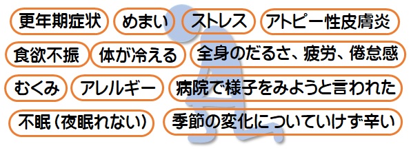 アトピー、更年期による不調、体が冷える、食欲不振、アレルギー、ストレス、むくみ、不眠、疲労、倦怠感、めまい、季節の変化についていけない、病院で様子をみようと言われた